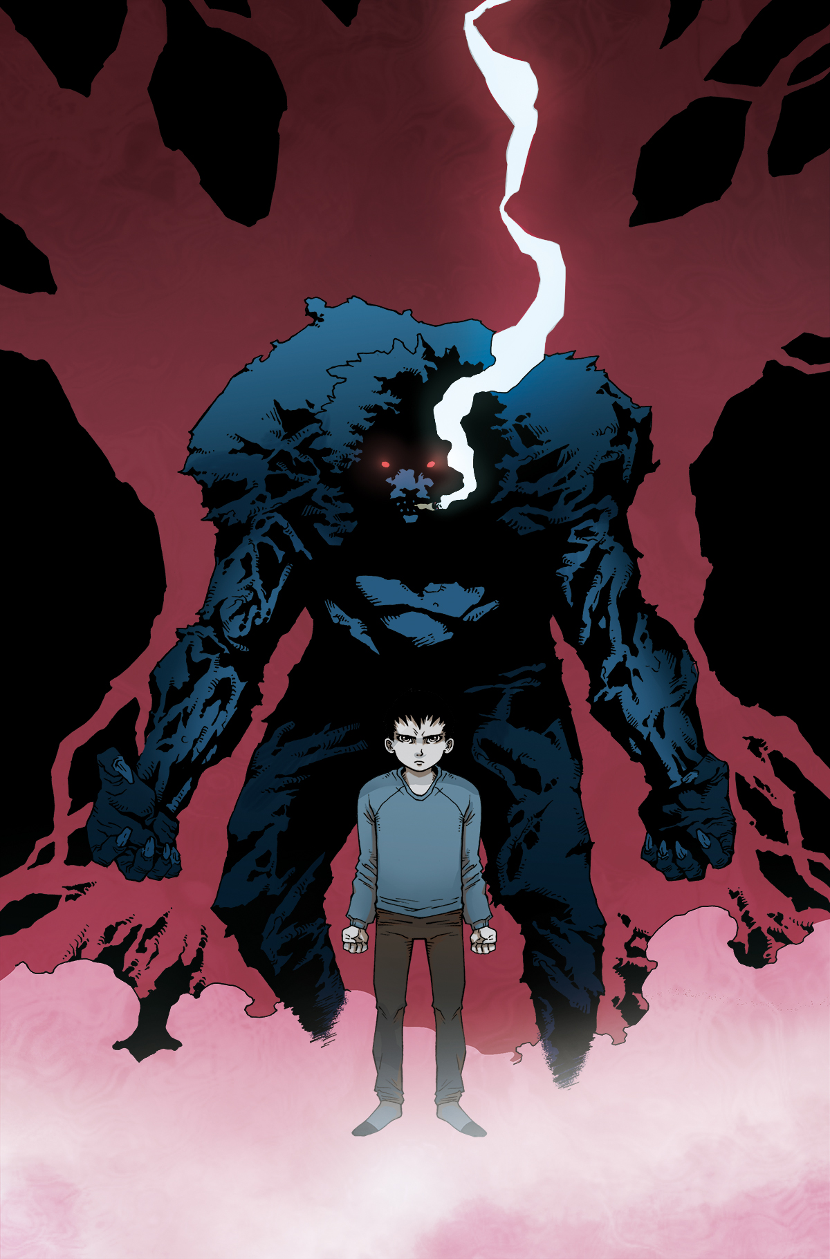 Barkskin — a boy standing before a towering kapre in crimson fog
