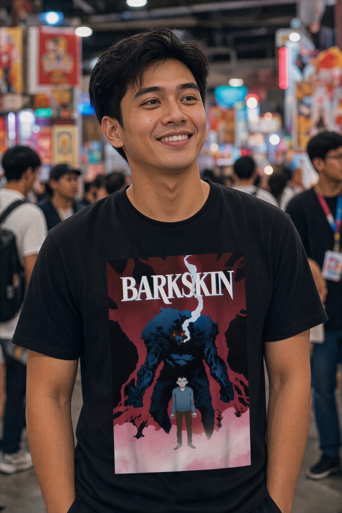 Man at Comic-Con wearing the Barkskin graphic t-shirt