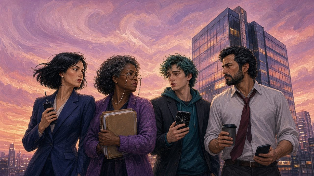 Per My Last Email — four coworkers against a violet sky